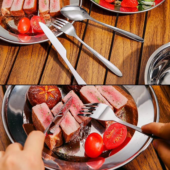 Odoland 29pcs Stainless Steel Utensils Camping Mess Kits for 4 Person | with Bowls Plates Cups Forks Spoons and Knives, Camping Cutlery Set for Backpacking, Family, Outdoor Hiking and Picnic