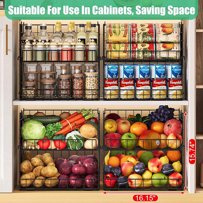 JKsmart 8-Tier XXL Stackable Wire Basket, Pantry Organizers and Storage | Stackable Storage Bins with Dividers & Handles for Pantry Kitchen & Snacks Fruits Veggies & Can Organizer