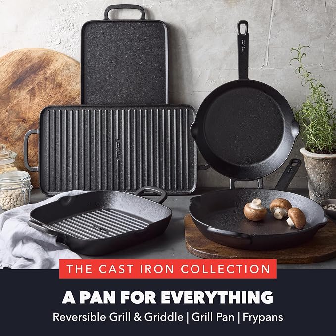 GreenPan x Bobby Flay 11" Pre-Seasoned Cast Iron Square Grill Pan | Natural Nonstick with Use, Heavy Duty, Induction & All Stovetop Compatible, High Heat & Oven Safe, Indoor/Outdoor