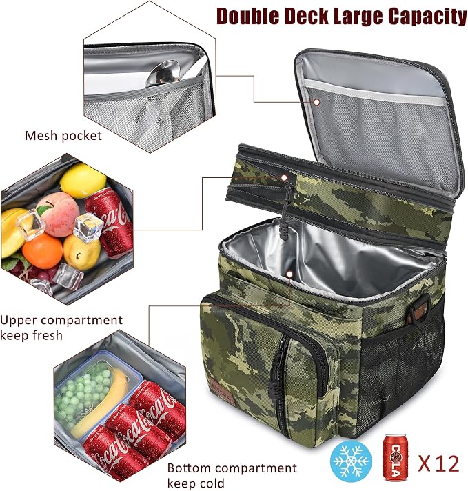 MIYCOO Lunch Bag for Men & Women, Expandable Double Deck Lunch Box, 15L | Leakproof & Waterproof, Portable, Large Soft Insulated Cooler bag for Adult, Work, Camping, Beach, Picnic, Travel