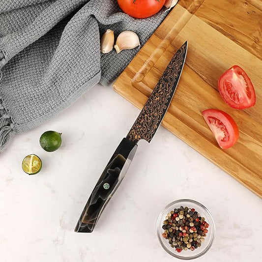 Seido Knives Kurogane 5" Petty Knife – Hand-Forged Japanese Utility Knife with VG-10 Core & 37-Layer Damascus Steel, G10 Copper Handle