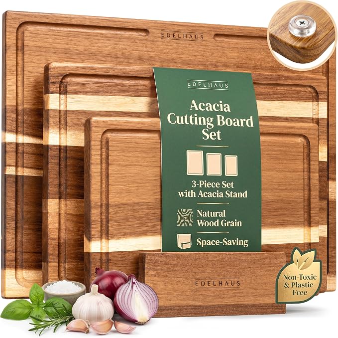 Acacia Wood Cutting Boards for Kitchen Set of 3, Juice Groove | Non Toxic Wooden Chopping Boards, Knife Friendly, Large Kitchen Boards for Meat, Cheese, Charcuterie & Serving