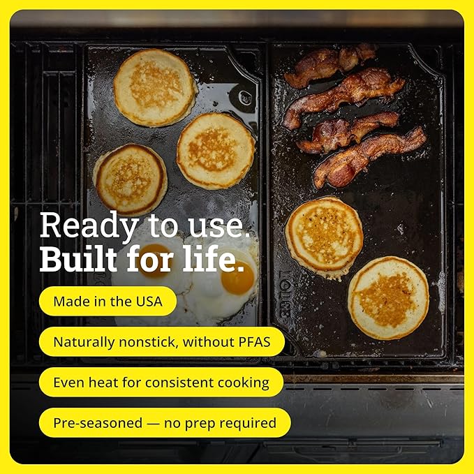 Lodge Reversible Cast Iron Grill/Griddle Pan 16.75 x 9.5 - Pre-Seasoned Dual-Sided Double Burner for BBQ, Eggs, Pancakes, Burgers - PFAS Free Cookware - Flat Top Plate for Oven, Grill, & Campfire