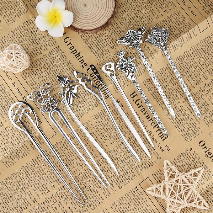 TUPARKA 18 PCS Silver Hair Sticks Vintage Hair Pins Chinese Women Hair Chopsticks Pins Retro Vintage Decorative for Hair Diy Accessory（9 Design）
