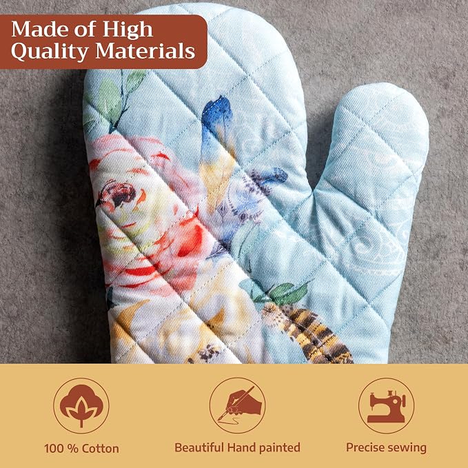 Maison d'Hermine Oven Gloves 100% Cotton Oven Mitt (7" x 13", Pack of 1) | With Loop Heat Resistant BBQ Cooking Gloves Baking Grilling Kitchen Handling Hot Pans Spring Summer - Ibiza - Blue