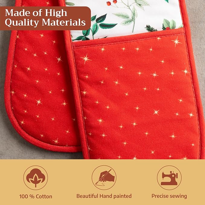 Maison d' Hermine Double Oven Mitts 100% Cotton Double Oven Glove (7"x35") | Heat Resistant BBQ Cooking Gloves with Loop Baking Kitchen Home Hotel Farmhouse Thanksgiving Christmas - Noel