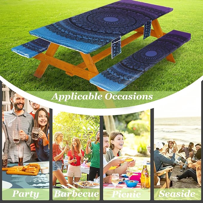 Wrakus Picnic Table Cover with Bench Covers Vinyl Elastic Edges Fitted Rectangle Seat Tables Waterproof 3-Piece96X30in Set Outdoor Rectangular Folding Backing Tablecloth for Camping Over Size