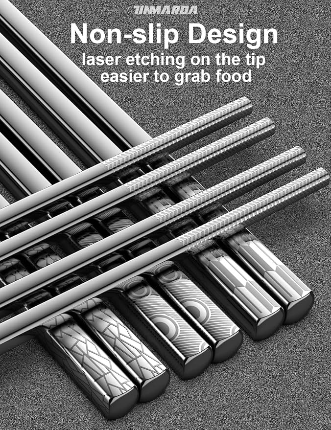 TINMARDA Metal Chopsticks Reusable 18/8 Stainless Steel Chopstick Sleek Engraving Patterns Chop Sticks Reusable Dishwasher Safe Non-Slip Japanese Korean ChopStick 5 Pairs Present Set