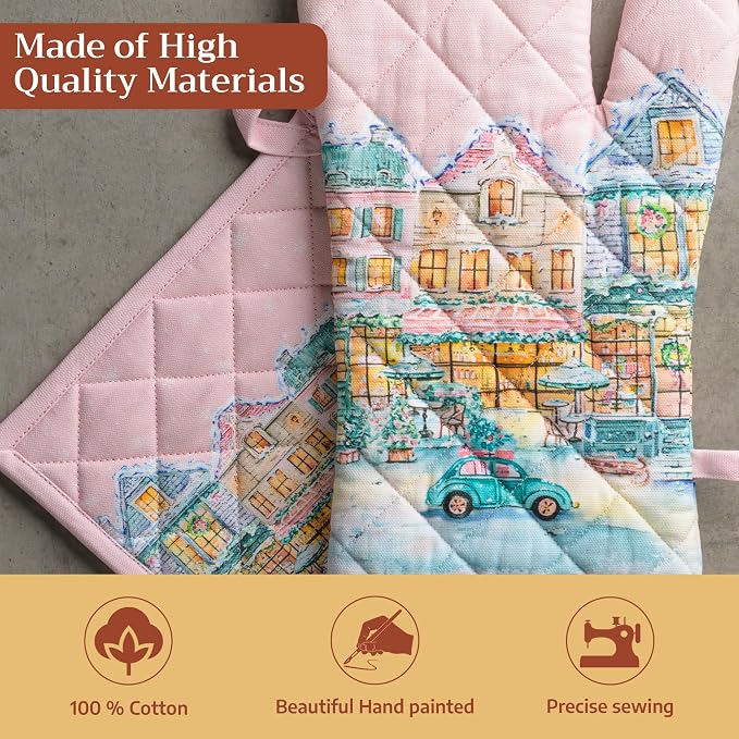 Maison d' Hermine 100% Cotton Oven Mitt & Pot Holder Set (7.5"x13" & 8"x8") | Heat Resistant BBQ Cooking Gloves with Loop Baking Kitchen Home Farmhouse Thanksgiving Christmas - Christmas Market - Pink