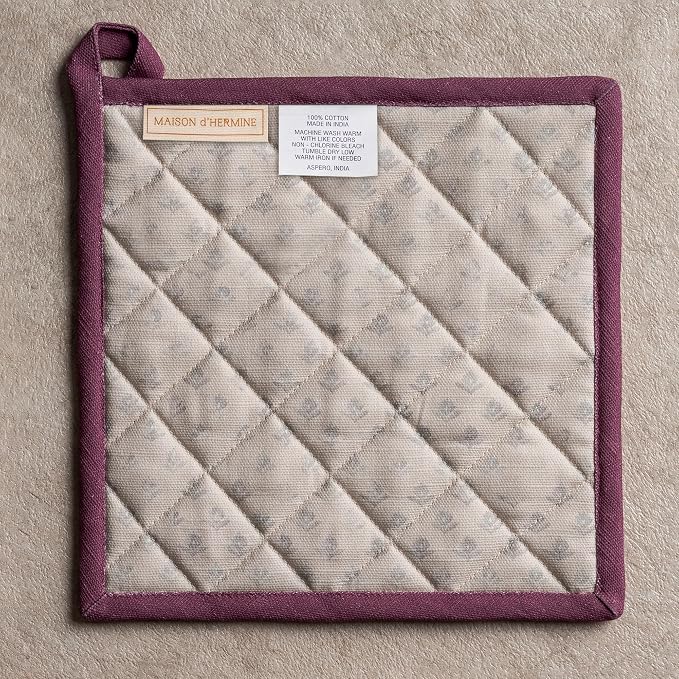 Maison d' Hermine Pot Holders 100% Cotton Potholders (8" x 8", Pack of 2) | Heat Resistant Hot Pads with Loop BBQ Cooking Baking Farmhouse Kitchen Handling Hot Pans Spring Summer - Fanny Lavender