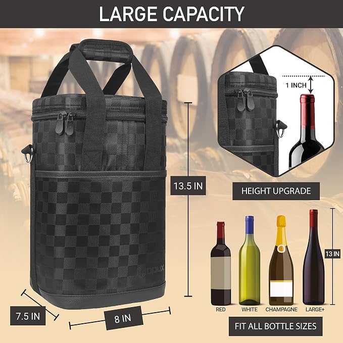 Opux 4 Bottle Insulated Wine Cooler Bag - Leakproof Padded Portable Wine Bottle Carrier for Travel Picnic, BYOB Gift (Black Square)