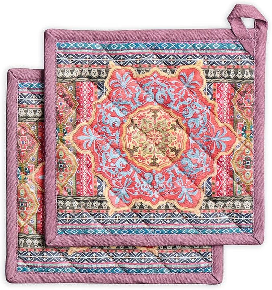 Maison d' Hermine Pot Holders 100% Cotton Potholders (8" x 8", Pack of 2) | Heat Resistant Hot Pads with Loop BBQ Cooking Baking Hotel Kitchen Handling Hot Pans Thanksgiving Christmas - Ispahan