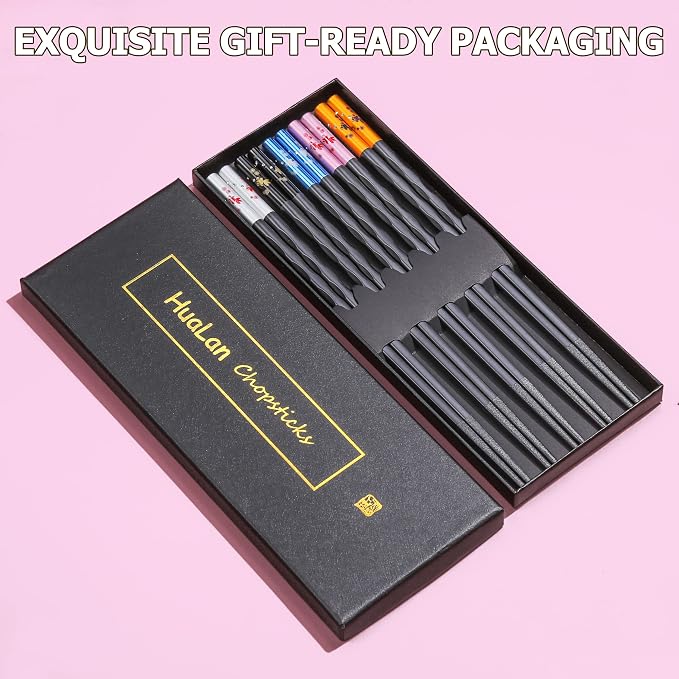 Fiberglass Chopsticks Series - Japanese Non-Slip Chopstick, Reusable Chop Sticks Dishwasher Safe, 5 Pairs, Gift Set, 9.9 Inches,Golden Fish