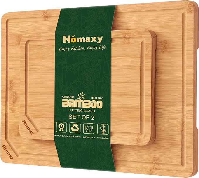Homaxy Organic Bamboo Cutting Boards Set for Kitchen Set of 2 | Wooden Cutting Board Set with Juice Groove and Handles, Charcuterie Butcher Block Serving & Chopping Board, Pre Oiled