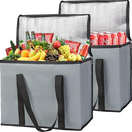 Insulated Grocery Shopping Bags, X-Large Food Delivery Bag for Delivery Drivers, Reusable Tote Cooler Bag for Travel, Dark Gray, 2-Pack