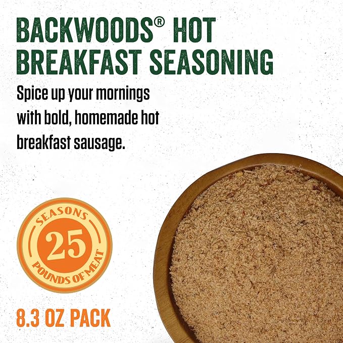 LEM Products Backwoods Hot Breakfast Fresh Sausage Seasoning, 8.3 oz Packet | Pre-Measured Seasoning for Wild Game and Domestic Meat, Seasons Up to 25 Pounds of Meat for Homemade Patties and Sausages