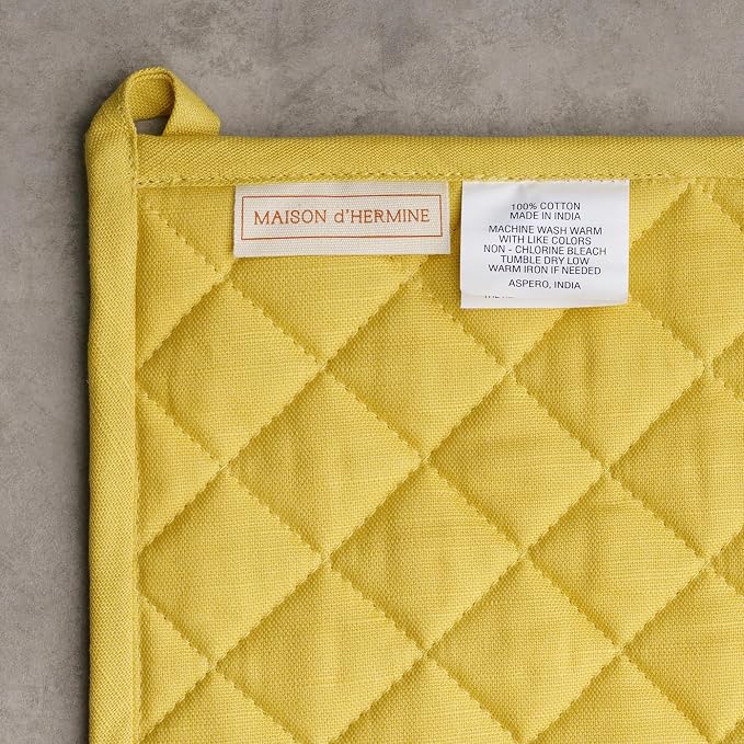 Maison d' Hermine 100% Cotton Oven Mitt & Pot Holder Set (7.5"x13" & 8"x8") | Heat Resistant BBQ Cooking Gloves with Loop Baking Grilling Kitchen Hotel Home Farmhouse Spring Summer - Limoncello