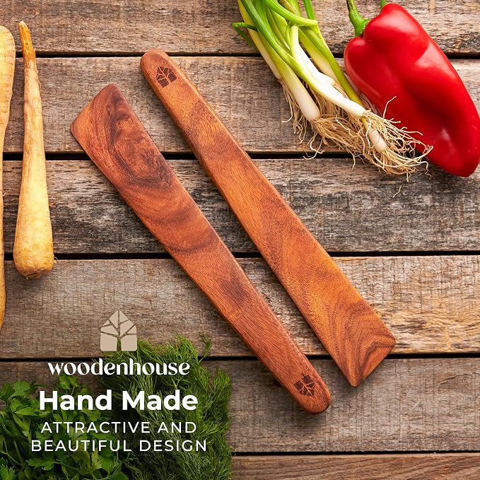 Wooden Spatula for Cooking, 12" Set of 2 - Turner & Scraper for Cast Iron | Flipper for Non Stick & Frying Pan, Egg & Pancake – BPA Free & Heat Resistant Teak Utensils