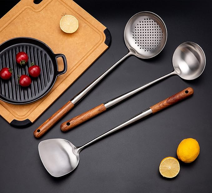 FJNATINH Wok Spatula and Ladle,Skimmer Ladle Tool Set, 17inches Spatula for Wok, 304 Stainless Steel Cooking Utensils