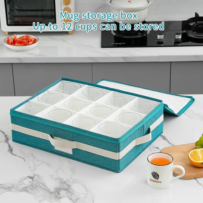 Mug Storage Box with Divider, Tea Cup and Coffee Mug Storage Container with Zipper Cover and Reinforced Handle, Hard Shell, Stackable, Foldable, Green White