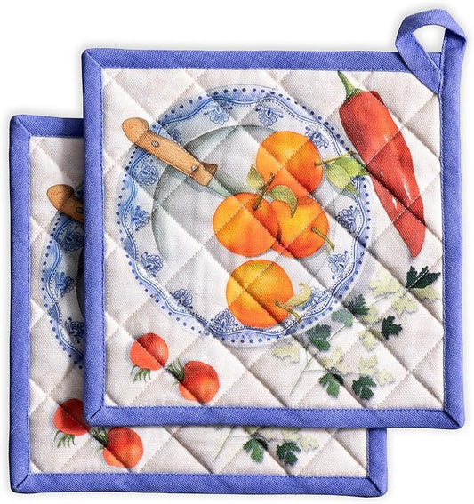 Maison d' Hermine Pot Holders 100% Cotton Potholders (8" x 8", Pack of 2) | Heat Resistant Hot Pads with Loop BBQ Cooking Baking Farmhouse Kitchen Handling Hot Pans Spring Summer - Gourmand