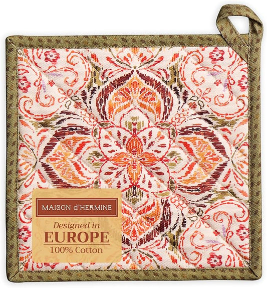 Maison d' Hermine Pot Holders 100% Cotton Potholders (8" x 8", Pack of 1) | Heat Resistant Hot Pads with Loop BBQ Cooking Baking Hotel Kitchen Handling Hot Pans Thanksgiving Christmas - Damask