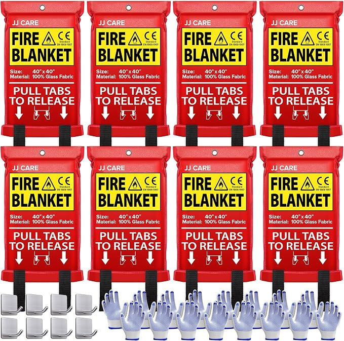 JJ CARE Fire Blanket for Home 40"x40" + 8 Hooks & 8 Gloves, Fire Suppression Blanket, Emergency Fire Blanket for People, Fire Blanket Kitchen, Emergency Use - White