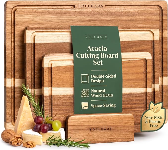 Acacia Wood Cutting Boards for Kitchen Set of 3, Double sided | Non Toxic Wooden Chopping Boards: Cut on One Side, Serve on the Other, large kitchen boards for charcuterie