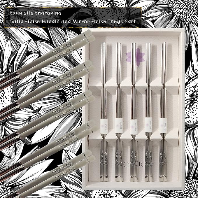 Chopsticks [Made in Korea][5 Sets] 430 Premium Stainless Steel Chopsticks, Mukbang Kitchen Utensil, Cutlery Silverware Stainless Tableware (Sunflower)