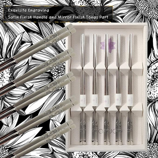 Chopsticks [Made in Korea][5 Sets] 430 Premium Stainless Steel Chopsticks, Mukbang Kitchen Utensil, Cutlery Silverware Stainless Tableware (Sunflower)