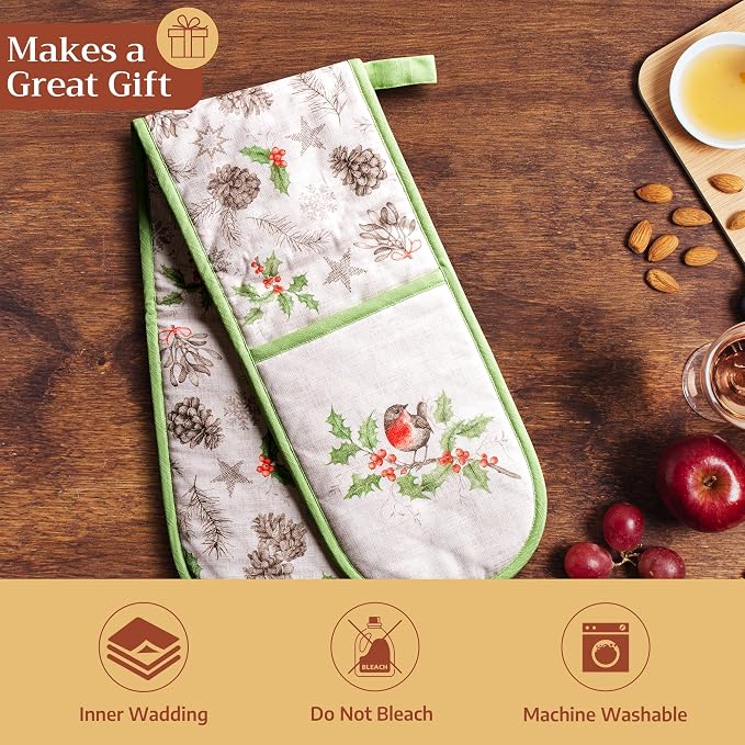 Maison d' Hermine Double Oven Mitts 100% Cotton Double Oven Glove (7"x35") | Heat Resistant BBQ Cooking Gloves with Loop Baking Kitchen Home Hotel Farmhouse Thanksgiving Christmas - Christmas Dew