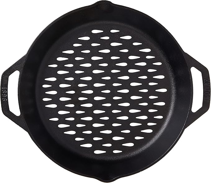 Lodge Pre-Seasoned Cast Iron Round Grilling Pan - Use on the Grill - Grilling Pan Designed to Protect Food from Falling Through the Grate - Cast Iron 12 Inch