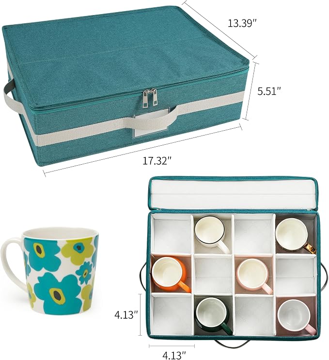 Mug Storage Box with Divider, Tea Cup and Coffee Mug Storage Container with Zipper Cover and Reinforced Handle, Hard Shell, Stackable, Foldable, Green White