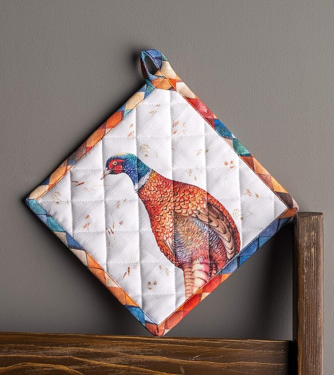 Maison d' Hermine Pot Holders 100% Cotton Potholders (8" x 8", Pack of 1) | Heat Resistant Hot Pads with Loop BBQ Cooking Baking Kitchen Handling Hot Pans Thanksgiving Christmas - Faisan D'Automne