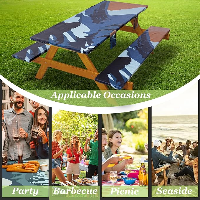 Fitted Picnic Table Cover with Bench Covers Waterproof Elastic Edges Rectangle Patio Tablecloth Outdoor Camping Essentials Stuff Rv Accessories Summer Trip Travel Supplies Party Camper Gifts, 6 ft