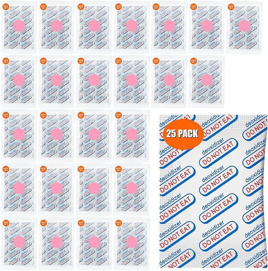25 Packs 2500CC Food Grade Oxygen Absorbers (One Pack Individually Sealed), Oxygen Absorbers for Long Term Food Storage with Oxygen Indicator, Works in Mylar Bags, Mason Jars, and Vacuum Bags