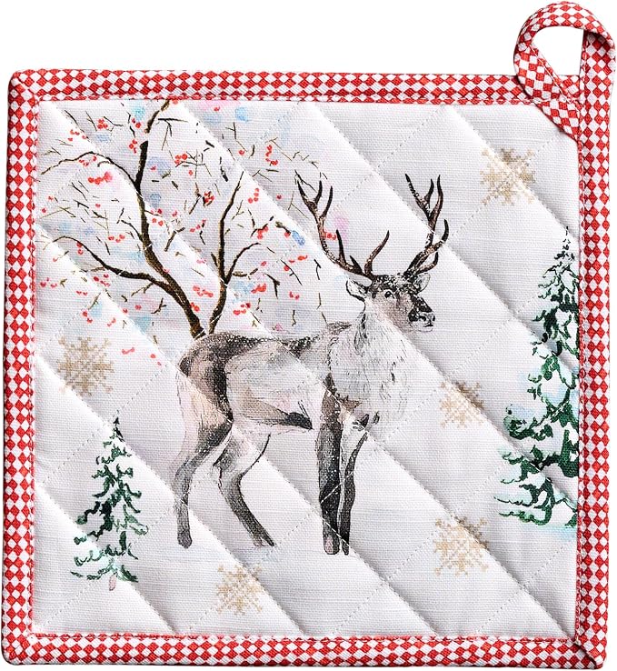 Maison d' Hermine Pot Holders 100% Cotton Potholders (8" x 8", Pack of 1) | Heat Resistant Hot Pads with Loop BBQ Cooking Baking Hotel Kitchen Handling Hot Pans Thanksgiving Christmas - Rural Christmas