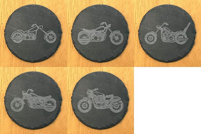 Gear Up Your Decor: Unique Motorcycle Coasters in Natural Slate - Round Slate - Set of 5