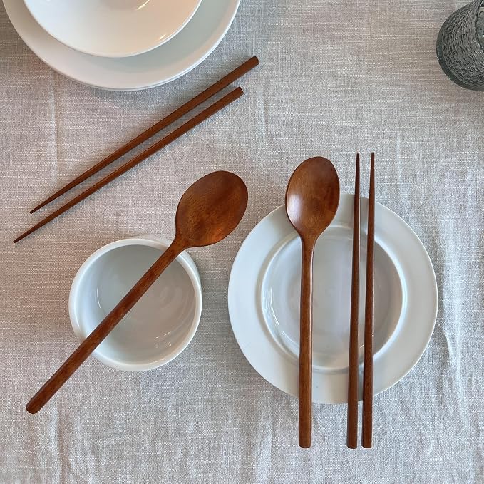 Korean Made Natural Lacquer Coated Wooden Chopsticks & Spoon Utensil Flatware Jujube Tree Ottchil Natural Lacquer Gift for Mom (2SET) Stocking Stuffer