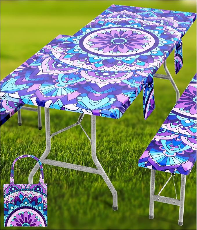 Wrakus Picnic Table Cover with Bench Covers Vinyl Elastic Edges Fitted Rectangle Tables Seat Waterproof 3-Piece 96X30in Set Outdoor Rectangular Folding Backing Tablecloth Camping Over Size Mandala