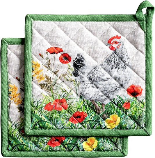 Maison d' Hermine Pot Holders 100% Cotton Potholders (8" x 8", Pack of 2) | Heat Resistant Hot Pads with Loop BBQ Cooking Baking Farmhouse Kitchen Handling Hot Pans Spring Summer - Basse Cour