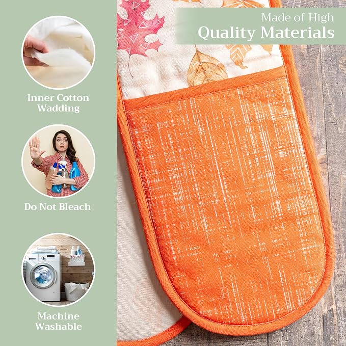 Maison d' Hermine Double Oven Mitts 100% Cotton Double Oven Glove (7"x35") | Heat Resistant BBQ Cooking Gloves with Loop Baking Kitchen Home Hotel Farmhouse Thanksgiving Christmas - Colours Of Autumn