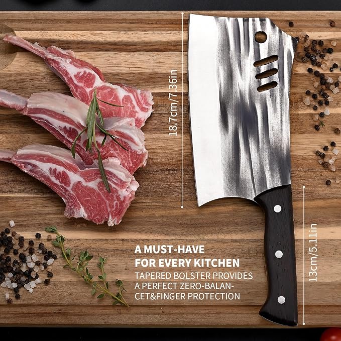 SHI BA ZI ZUO Chopping Knife Forged Cleaver Knife Heavy Duty Kitchen Knife for Meat Cutting with Anti-Slip Wooden Handle