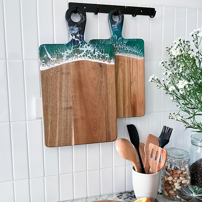 Acacia Wood Serving Board with Handle, 18.1" x 9.8", Dual-Sided Resin Art Tray for Display & Prep, Handcrafted Cutting Board, Includes Stand & Loofah, Christmas Housewarming Gift (Rectangular)