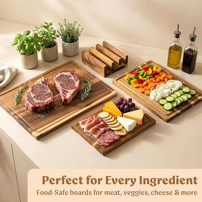 Acacia Wood Cutting Boards for Kitchen Set of 3, Juice Groove | Non Toxic Wooden Chopping Boards, Knife Friendly, Large Kitchen Boards for Meat, Cheese, Charcuterie & Serving