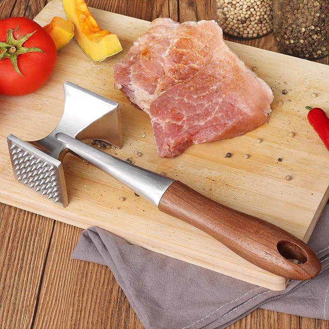 Meat Tenderizer, Meat Hammer, Heavy Duty Steak Hammer with Wooden Handle and Food-Grade Zinc Alloy, 2 in 1 Meat Mallet, 26 CM