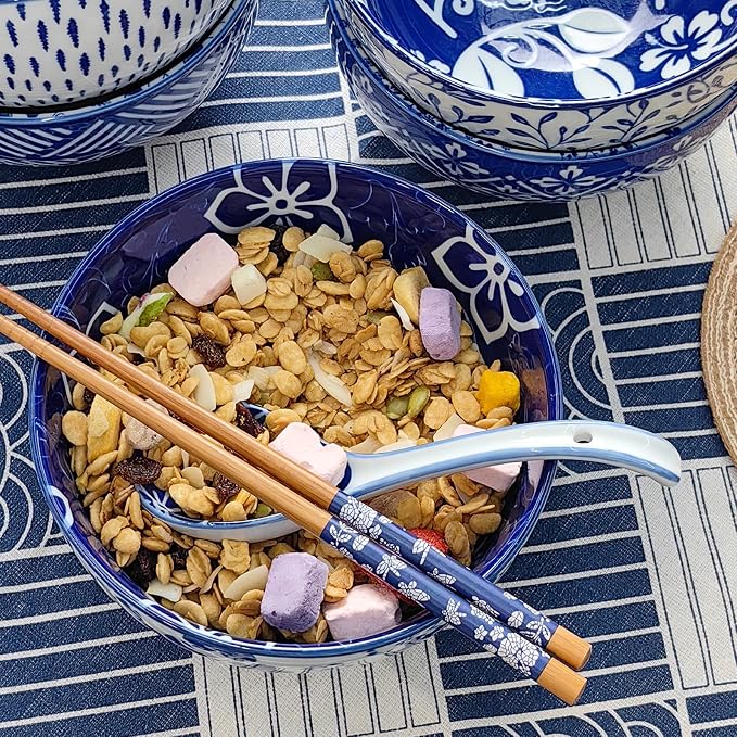 28Oz Ceramic Ramen Noodle Pho Bowl Set with Chopstick Spoon Gift Box | Lead & Cd Free, Food Safe, Microwave/Oven/Dishwasher Safe, Matching Pattern Set, Foam Packed, Ideal All-Occasion Gift