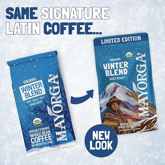 Mayorga Seasonal Dark Roast Coffee, 2 lb bag - Winter Blend Coffee Roast - 100% Arabica Whole Coffee Beans - Bold & Smooth Organic Coffee - Specialty Grade, Non-GMO, Direct Trade, Kosher