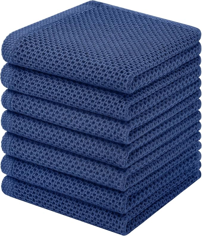 Homaxy 100% Cotton Waffle Weave Kitchen Dish Cloths, 7-Pack, Navy Blue | 12 x 12 Inches, Ultra Soft Absorbent Dish Towels, Quick Drying Dish Rags with Hanging Loop