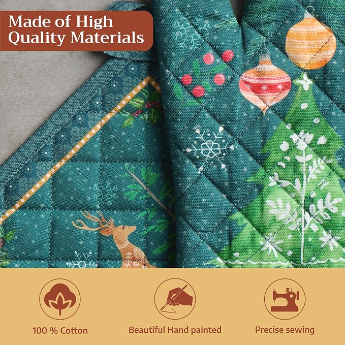 Maison d' Hermine 100% Cotton Oven Mitt & Pot Holder Set (7.5"x13" & 8"x8") | Heat Resistant BBQ Cooking Gloves with Loop Baking Grilling Kitchen Home Farmhouse Thanksgiving Christmas - Hygge Christmas